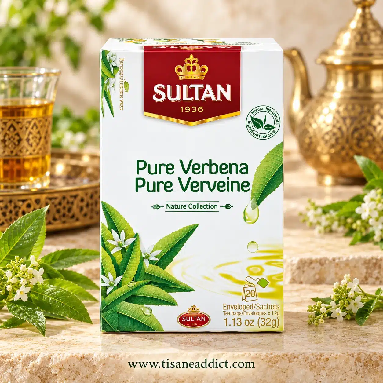 Boîte de l’infusion Pure Verveine Sultan présentée de face avec feuilles et fleurs de verveine