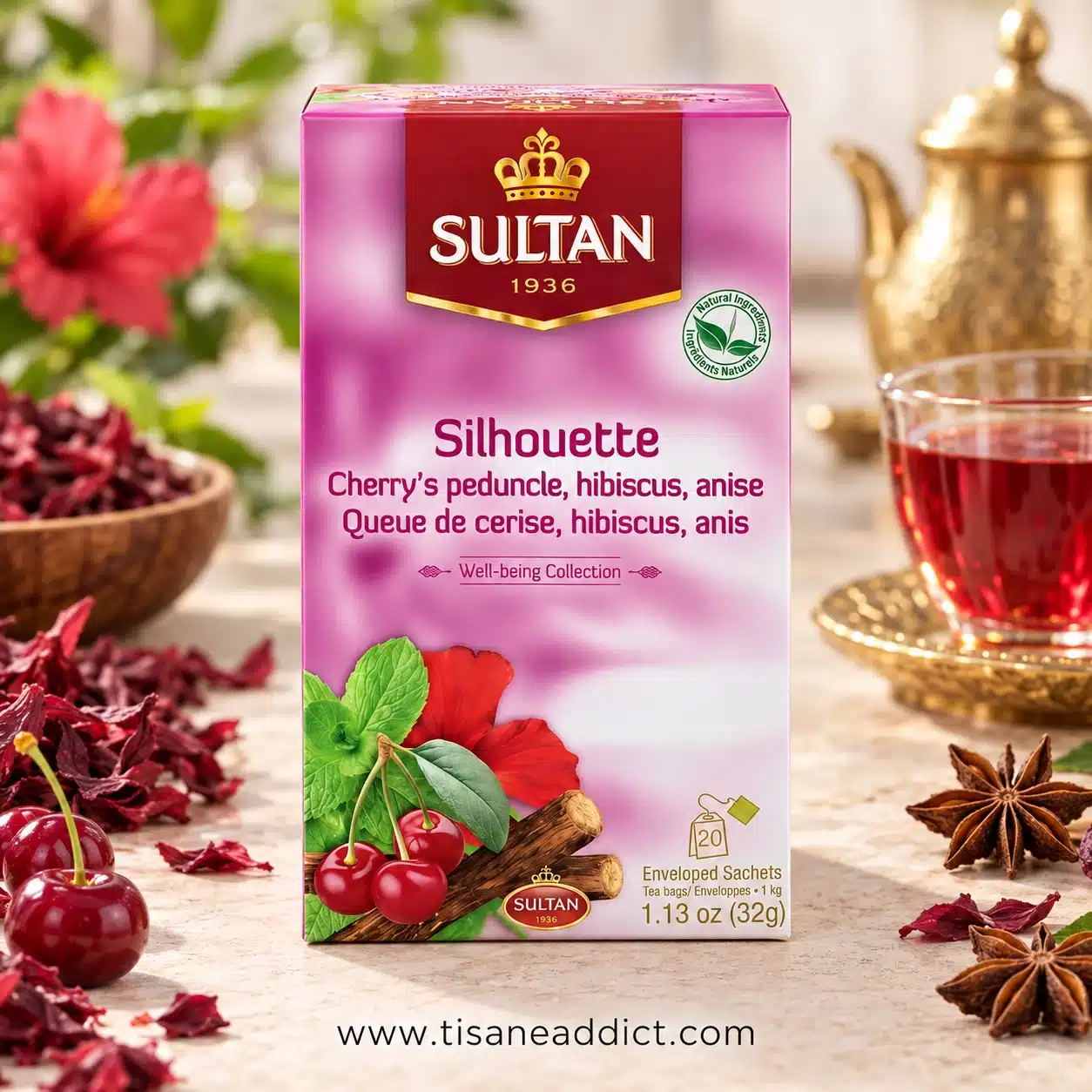Boîte de l’infusion Silhouette Sultan présentée de face avec hibiscus, cerises et anis