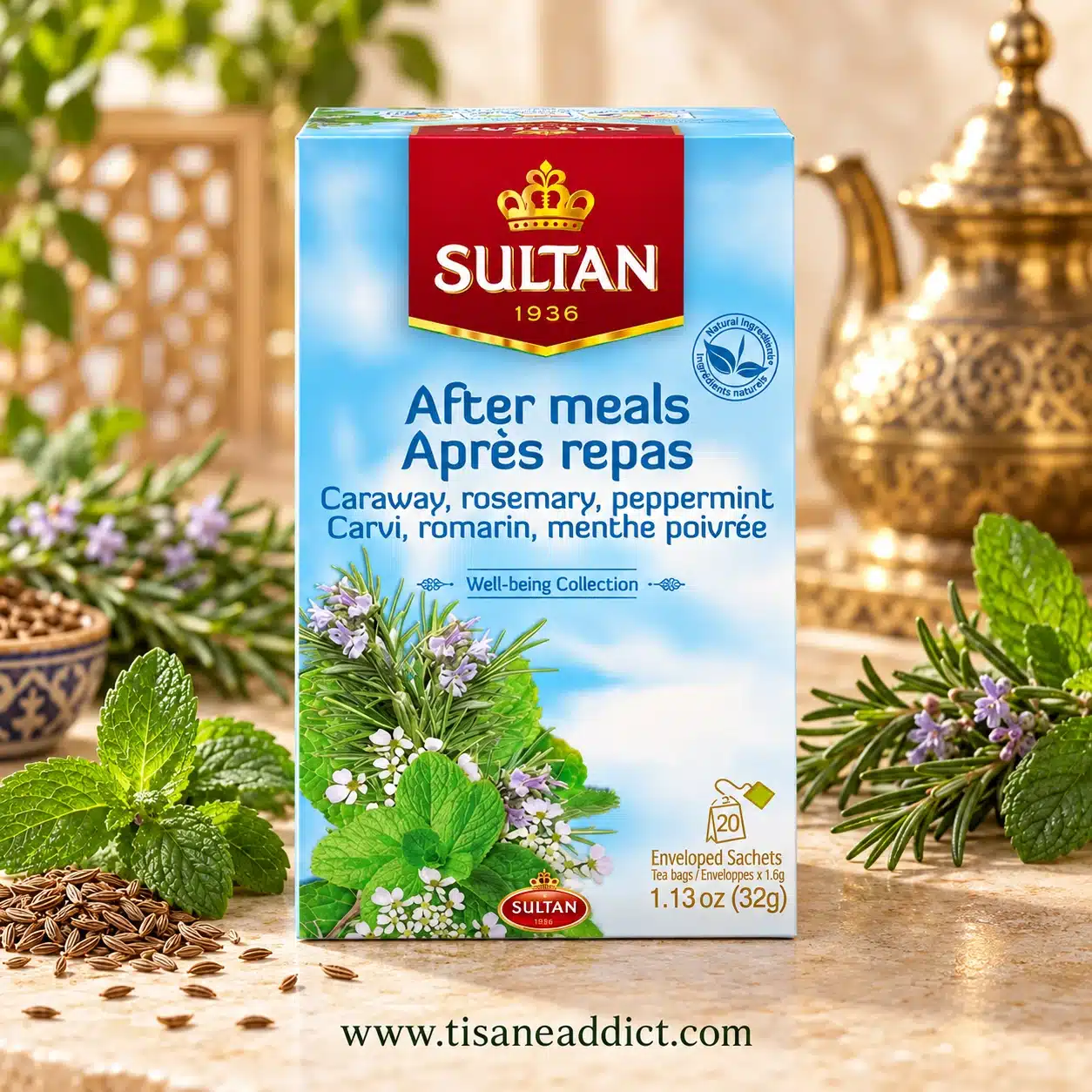 Boîte de l’infusion Après Repas Sultan présentée de face avec carvi, romarin et menthe poivrée