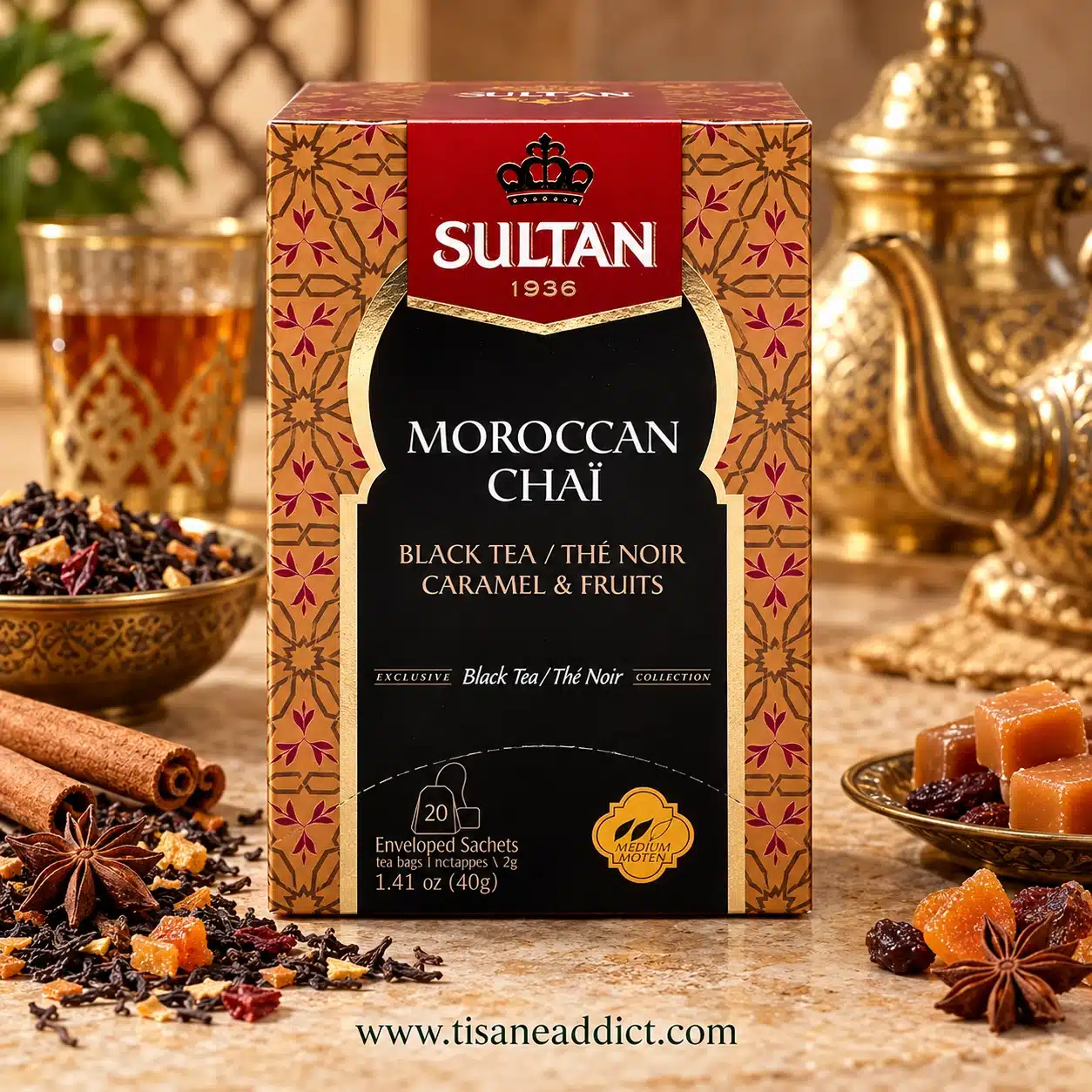 Boîte de thé noir Moroccan Chaï Sultan présentée de face avec thé noir, épices et fruits