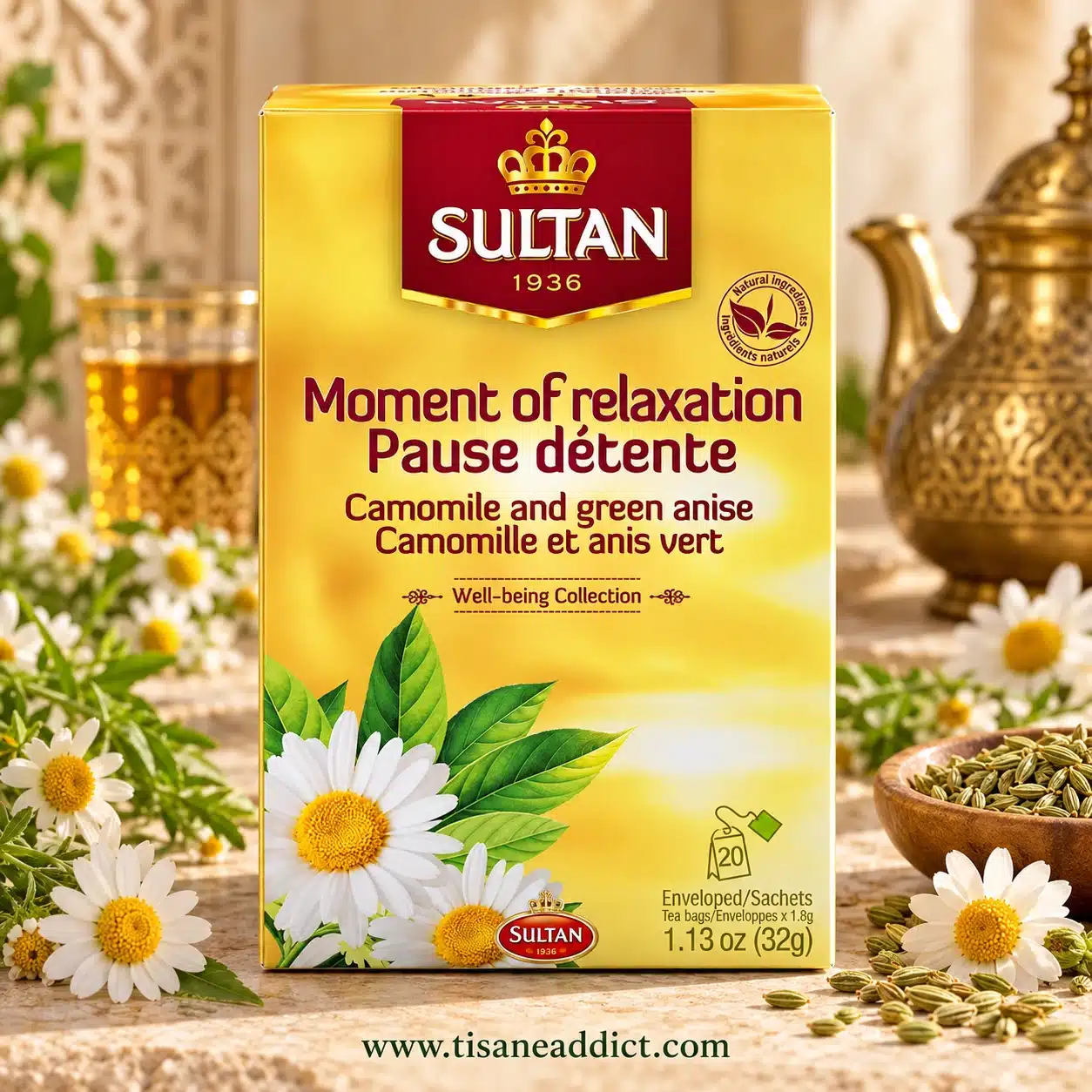 Boîte de l’infusion Pause Détente Sultan présentée de face avec camomille et anis vert