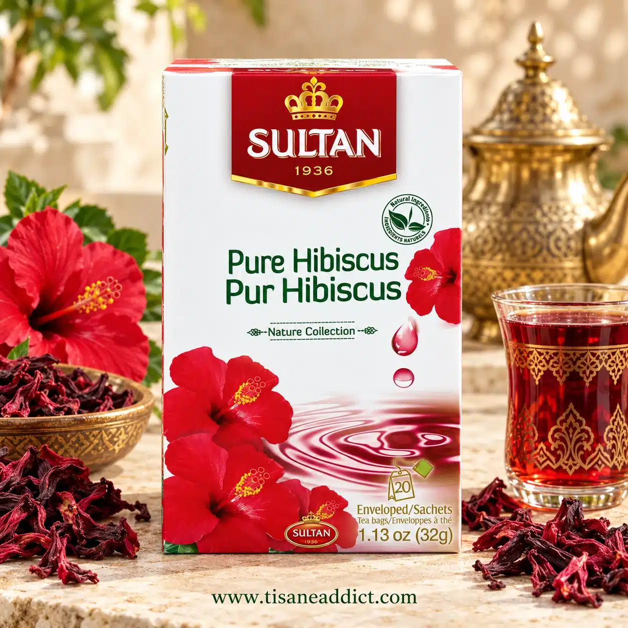 Boîte de l’infusion Pure Hibiscus Sultan présentée de face avec fleurs et infusion d’hibiscus