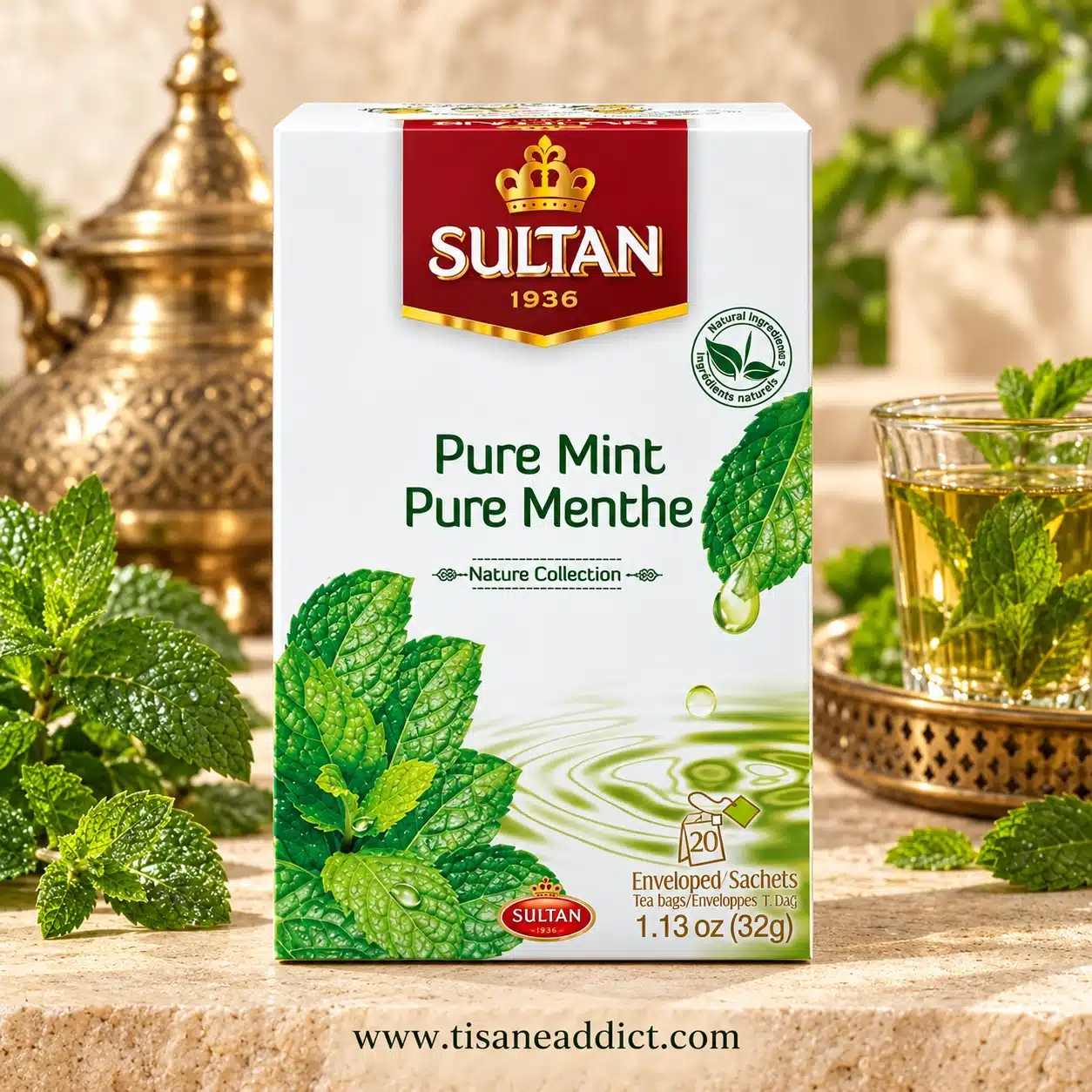 Boîte de l’infusion Pure Menthe Sultan présentée de face avec des feuilles de menthe fraîche