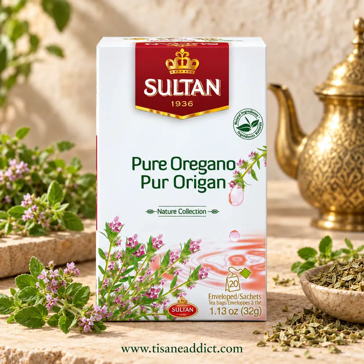 Boîte de l’infusion Pure Origan Sultan présentée de face avec des brins d’origan