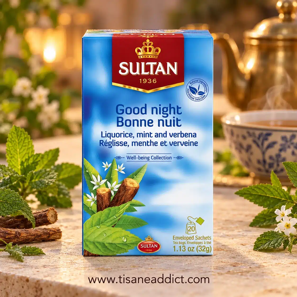Boîte de l’infusion Bonne Nuit Sultan présentée de face avec menthe et verveine