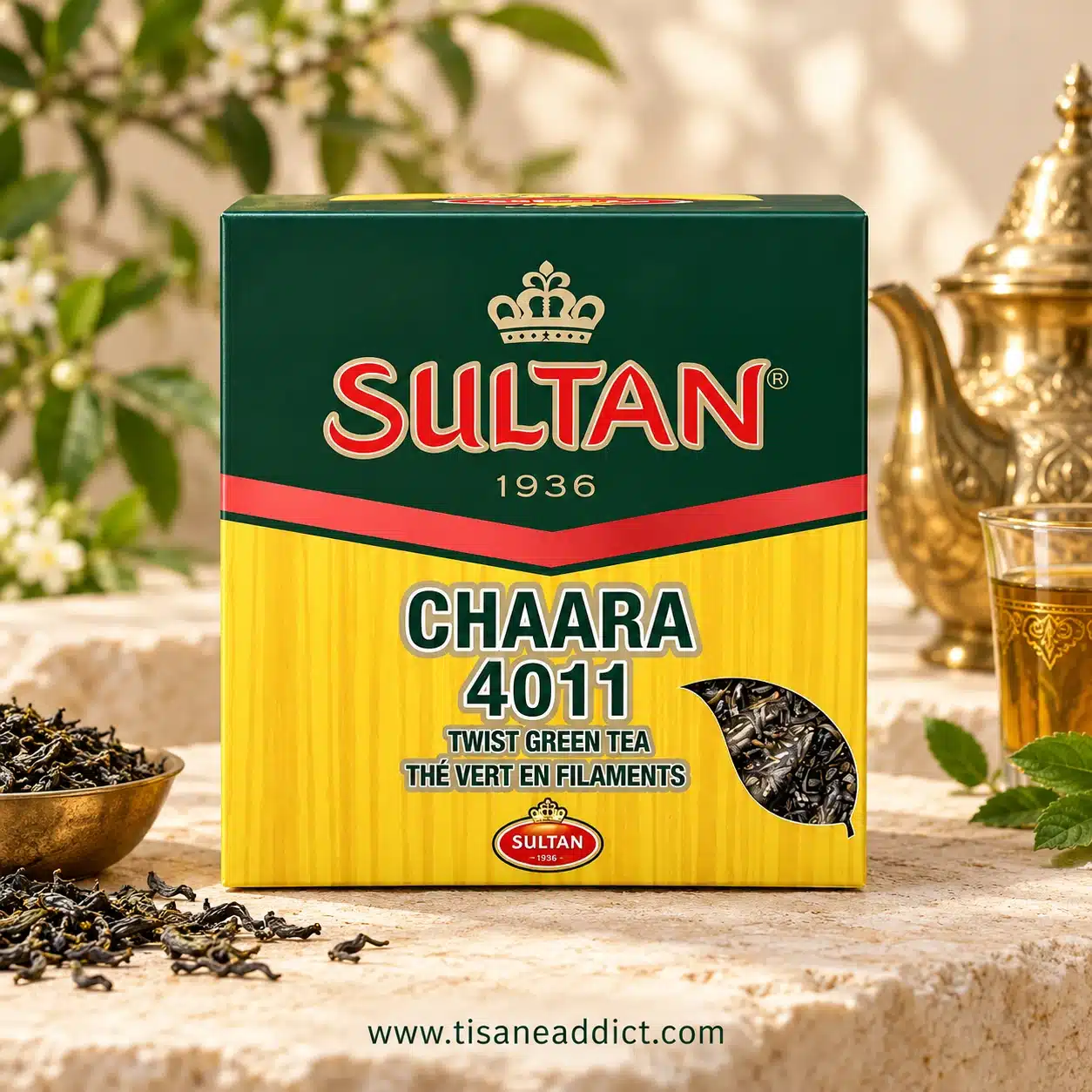 Boîte de thé vert Chaara 4011 Sultan présentée de face avec des feuilles de thé en filaments