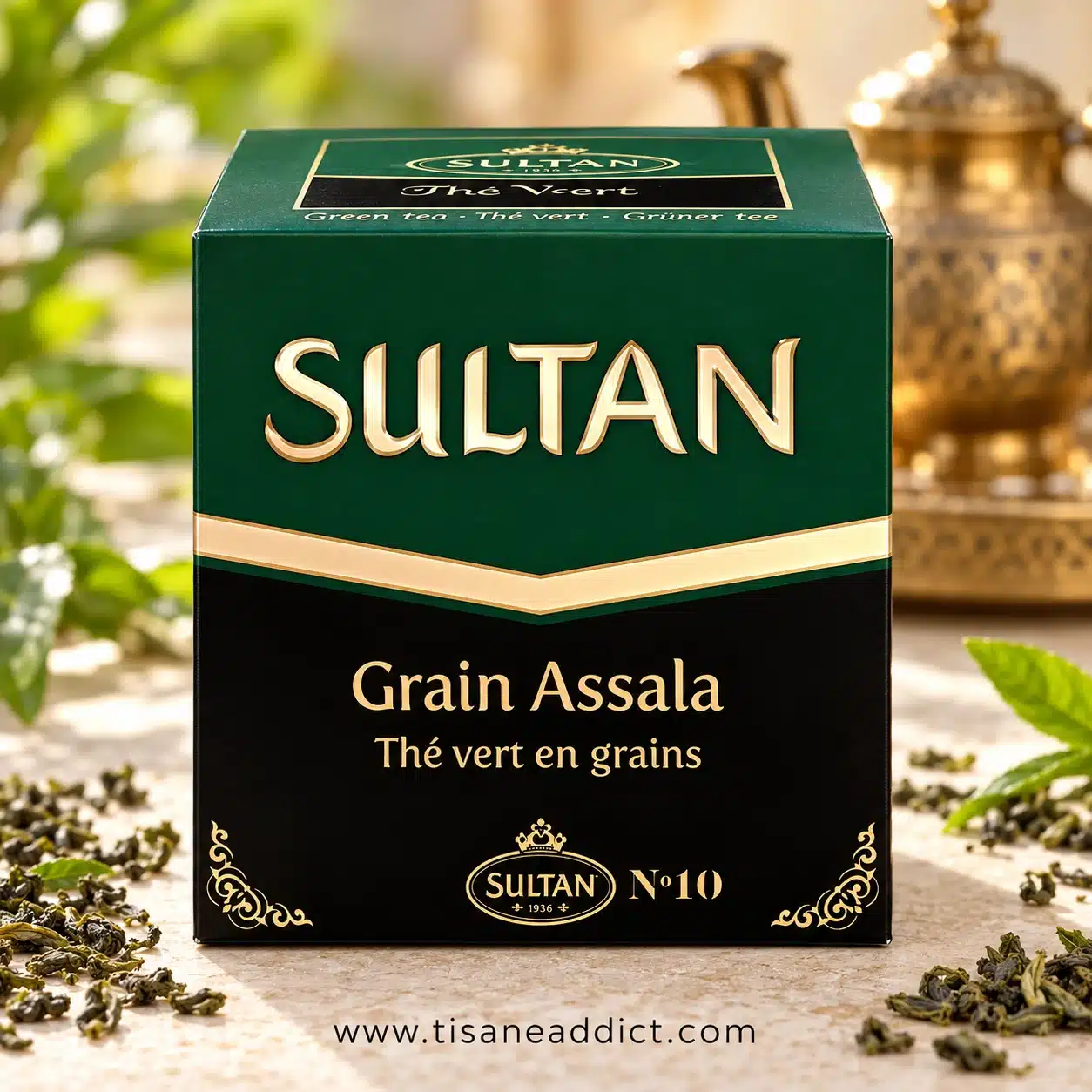 Boîte de thé vert Grain Assala Sultan présentée de face dans un décor naturel
