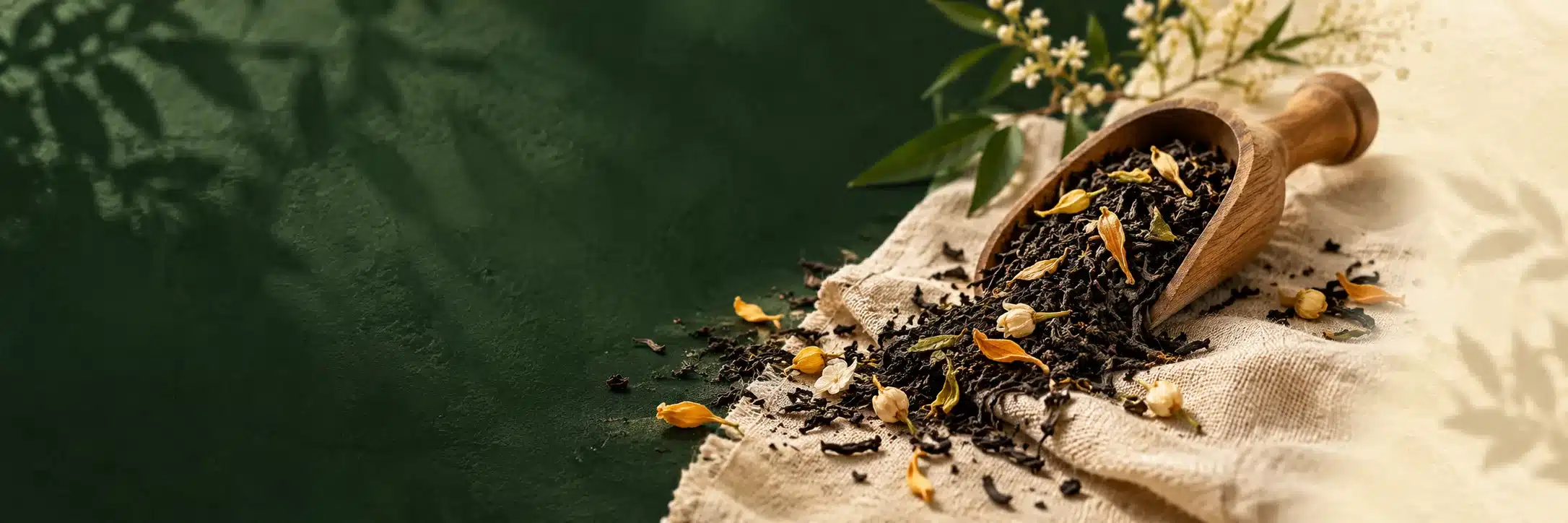 Cuillère en bois remplie de thé en vrac sur un fond vert et naturel