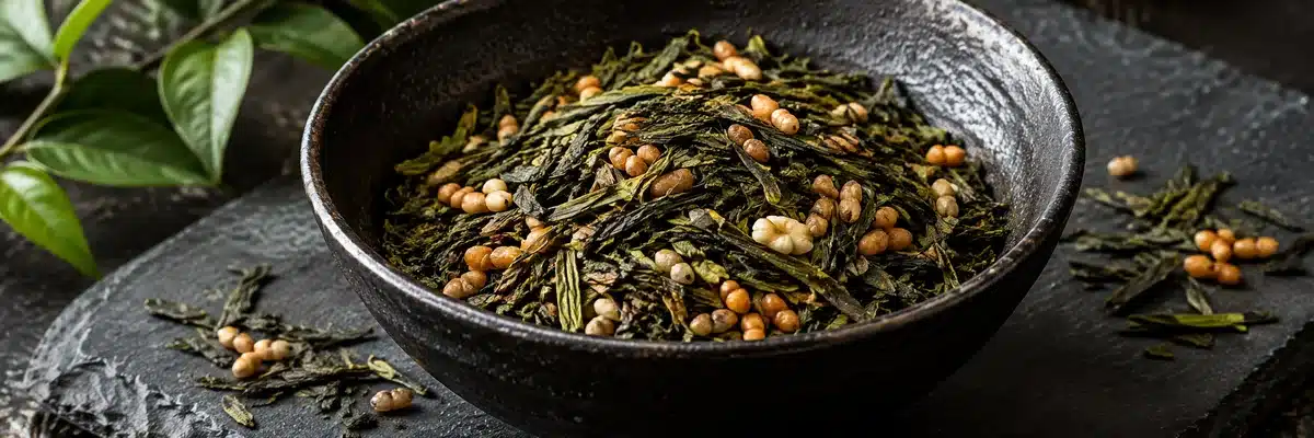 Thé japonais Genmaicha avec feuilles de thé vert et riz grillé